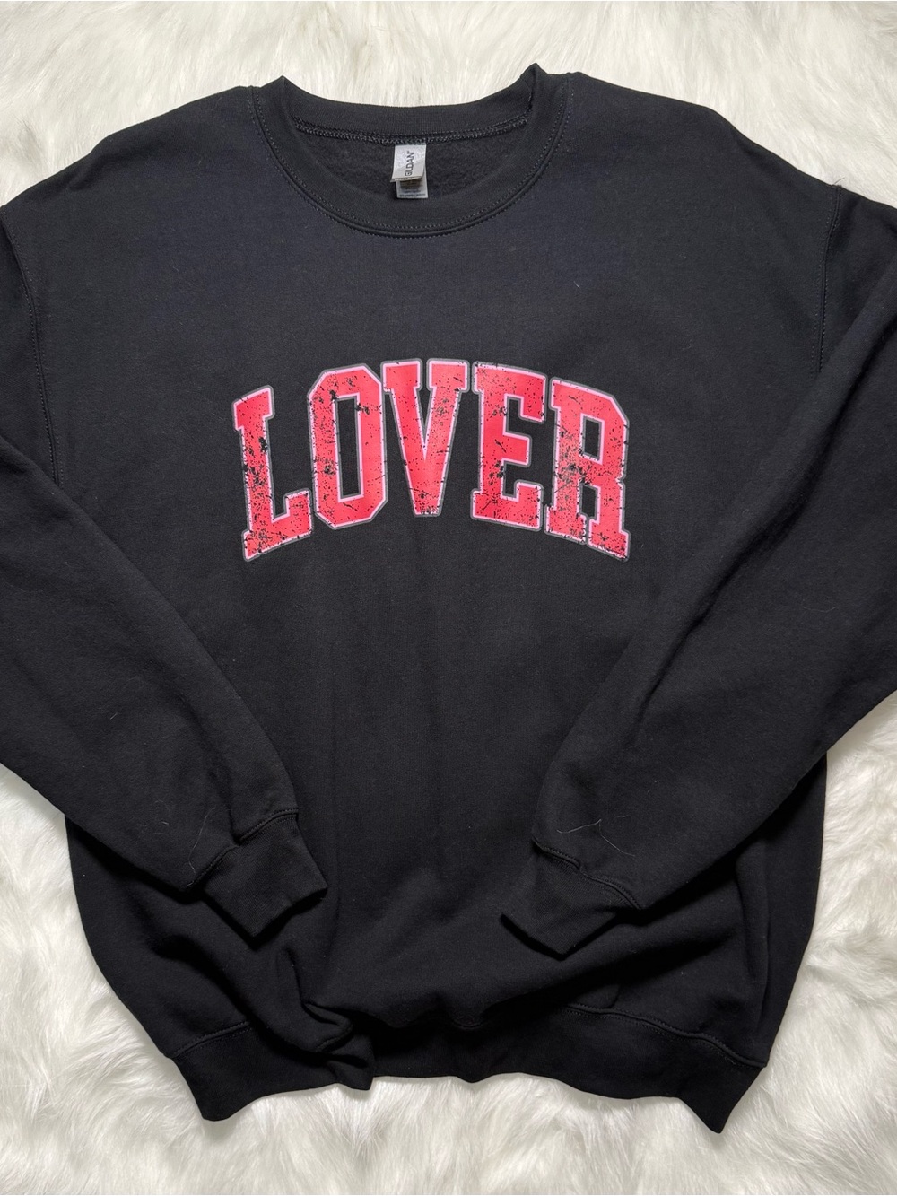 Gildan Black Crewneck Sweatshirt with Red "LOVER" Graphic
